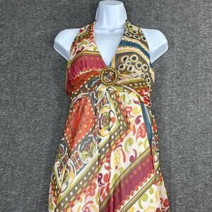 Vintage Y2K XOXO Halter Maxi Dress size Large Boho Mixed Prints Beaded